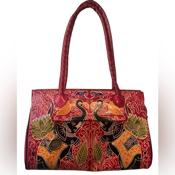 Beautiful 10th anniversary Patricia Nash Kavali Satchel Red Leather Elephant Bag - Picture 2 of 16